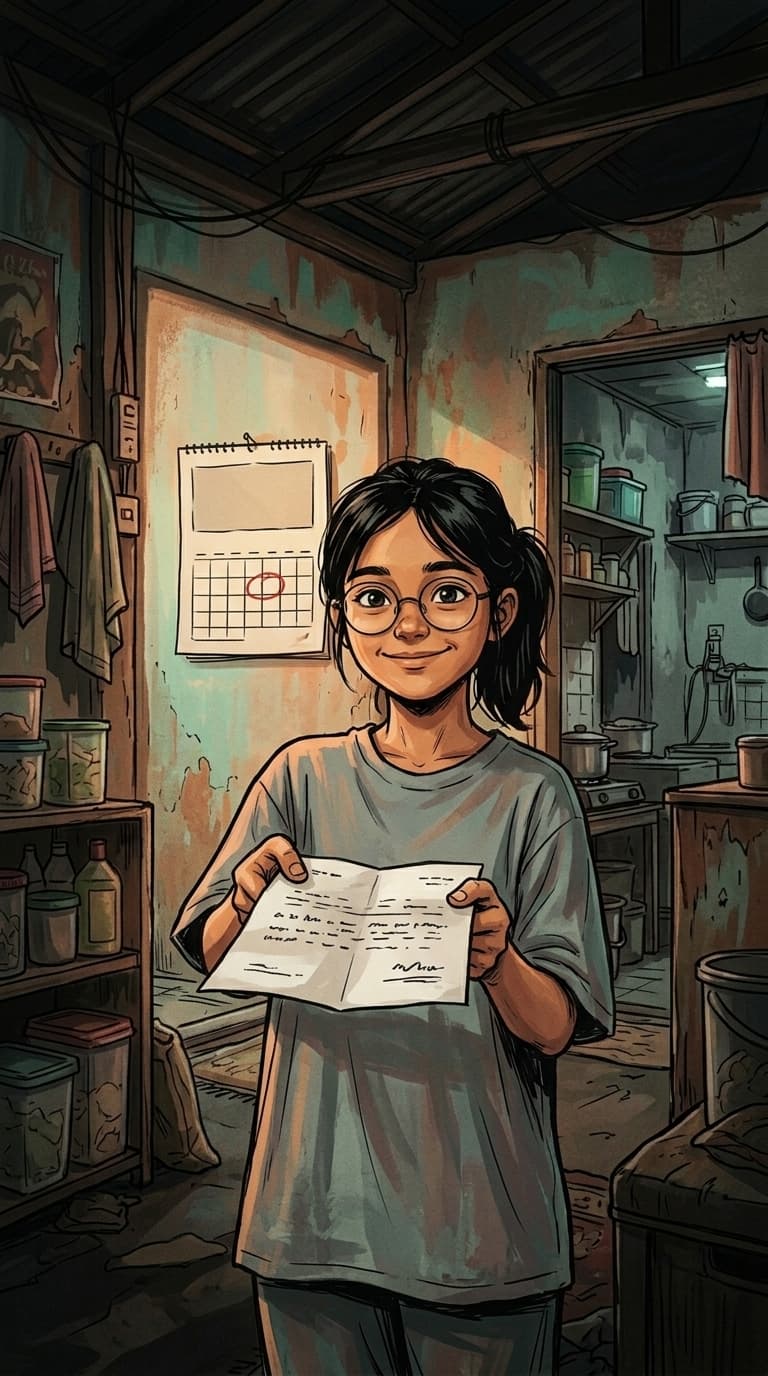 Nayla tersenyum bangga memegang surat penerimaan SMA