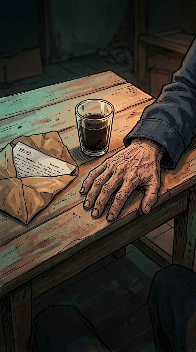 Amplop terbuka berisi surat, segelas kopi hitam, dan tangan lelaki tua yang gemetar