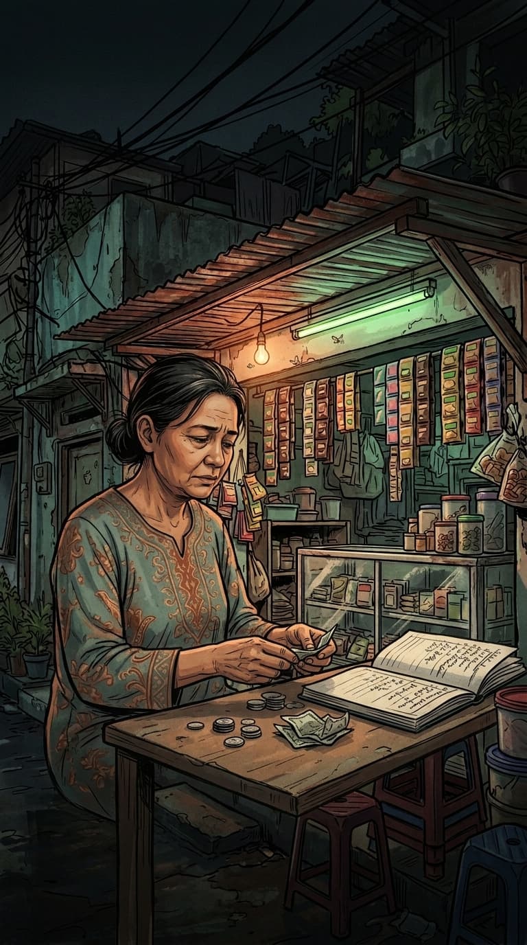 Bu Sri menghitung receh dan uang lusuh di balik etalase kaca, buku utang terbuka di sampingnya